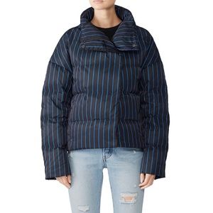 Theory Offset Puffer Jacket Navy Blue Pinstripe